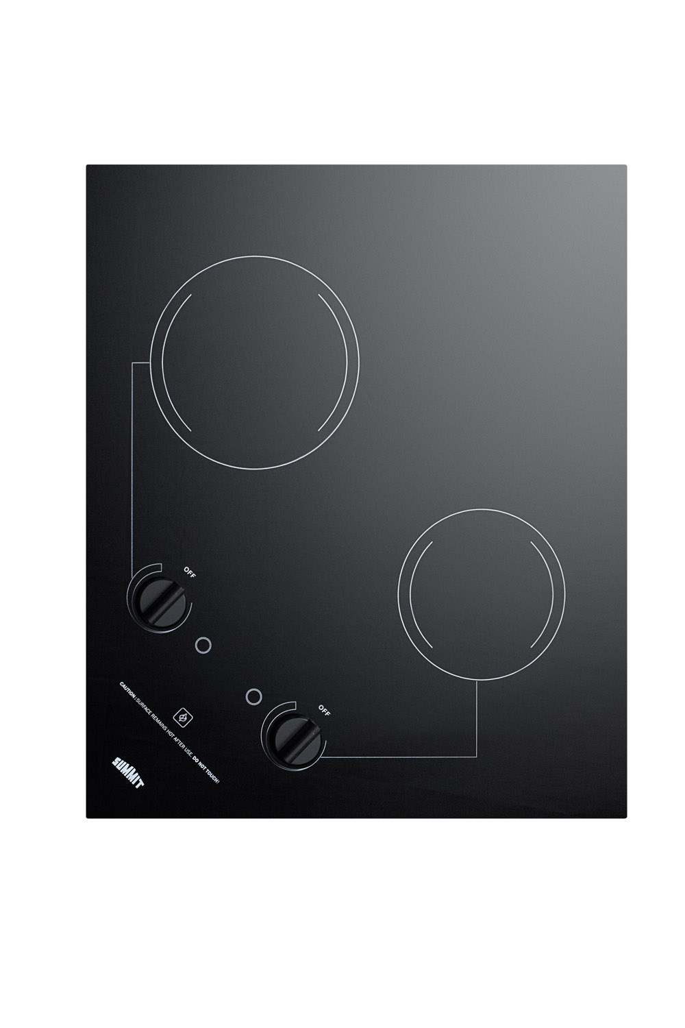 2-burner 230V electric cooktop designed for portrait or landscape installation, with smooth black ceramic glass surface